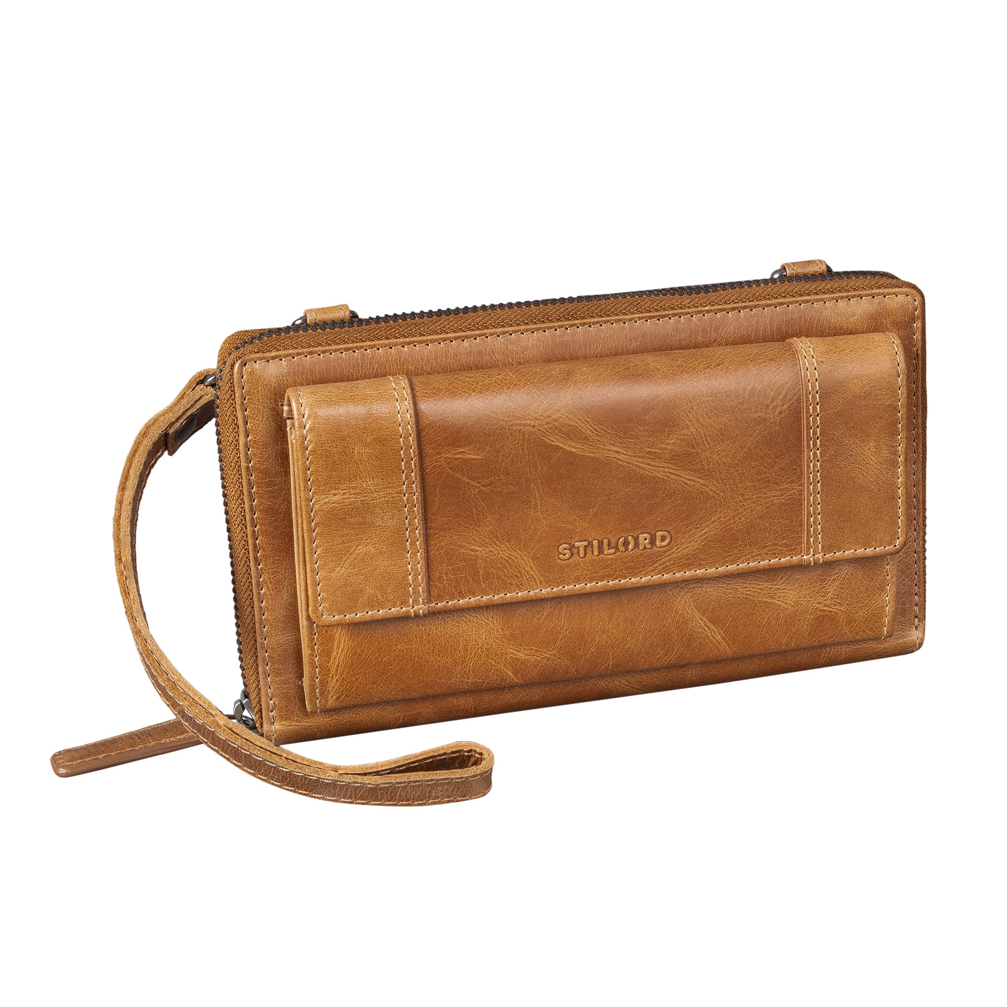 3-in-1 Portemonnaie Damen Handytasche zum Umhängen Echt Leder RFID perugia braun