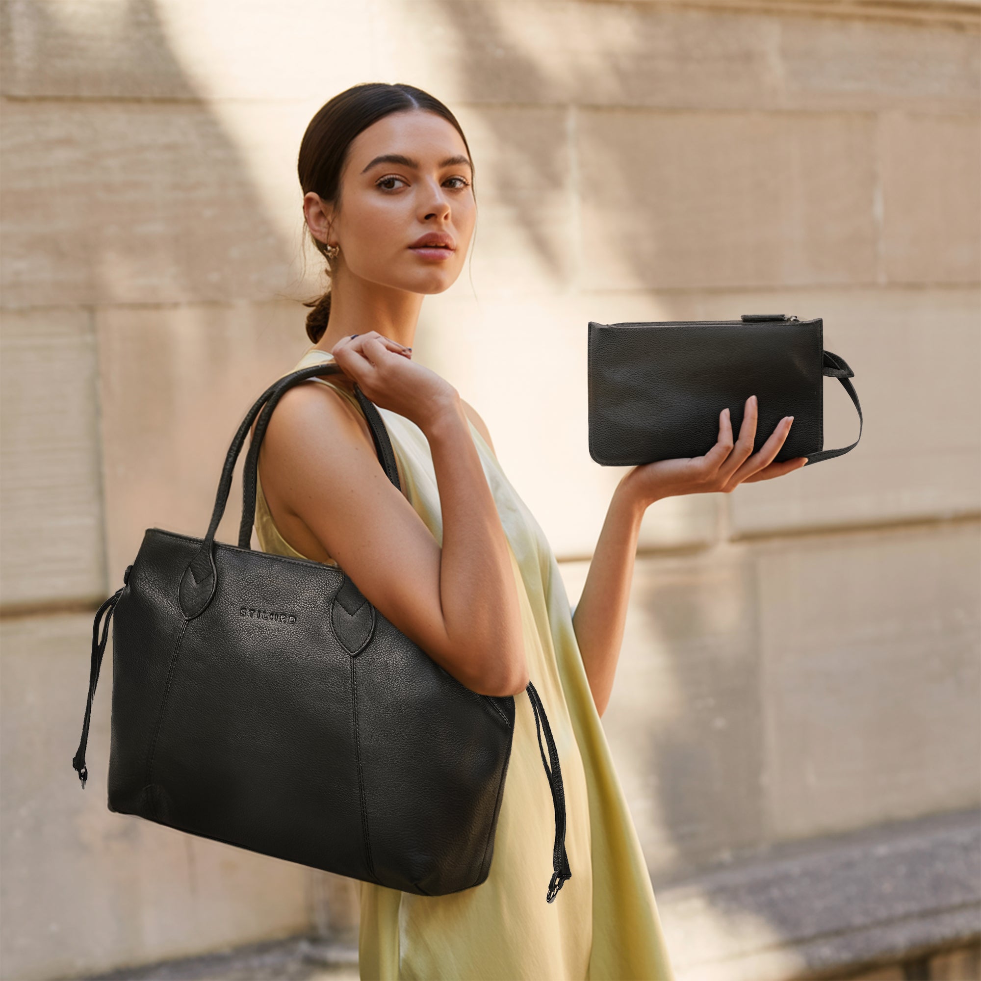 Große Shopper Tasche Damen Leder schwarz mit zusätzlicher Mini Ledertasche