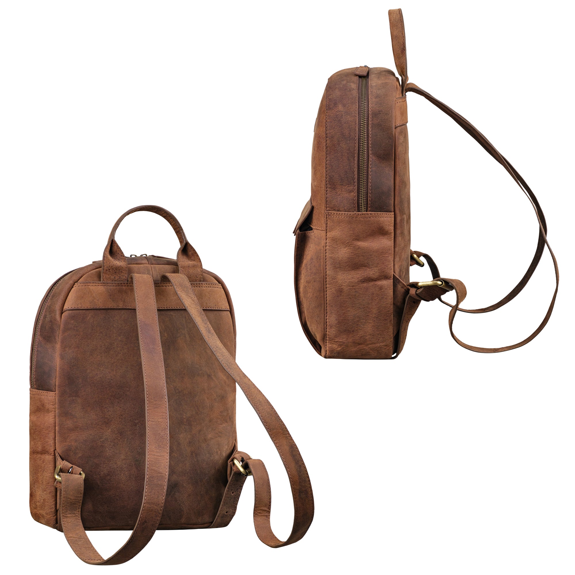  Leder Rucksack Klein Braun in der seitlichen und hinteren Darstellung