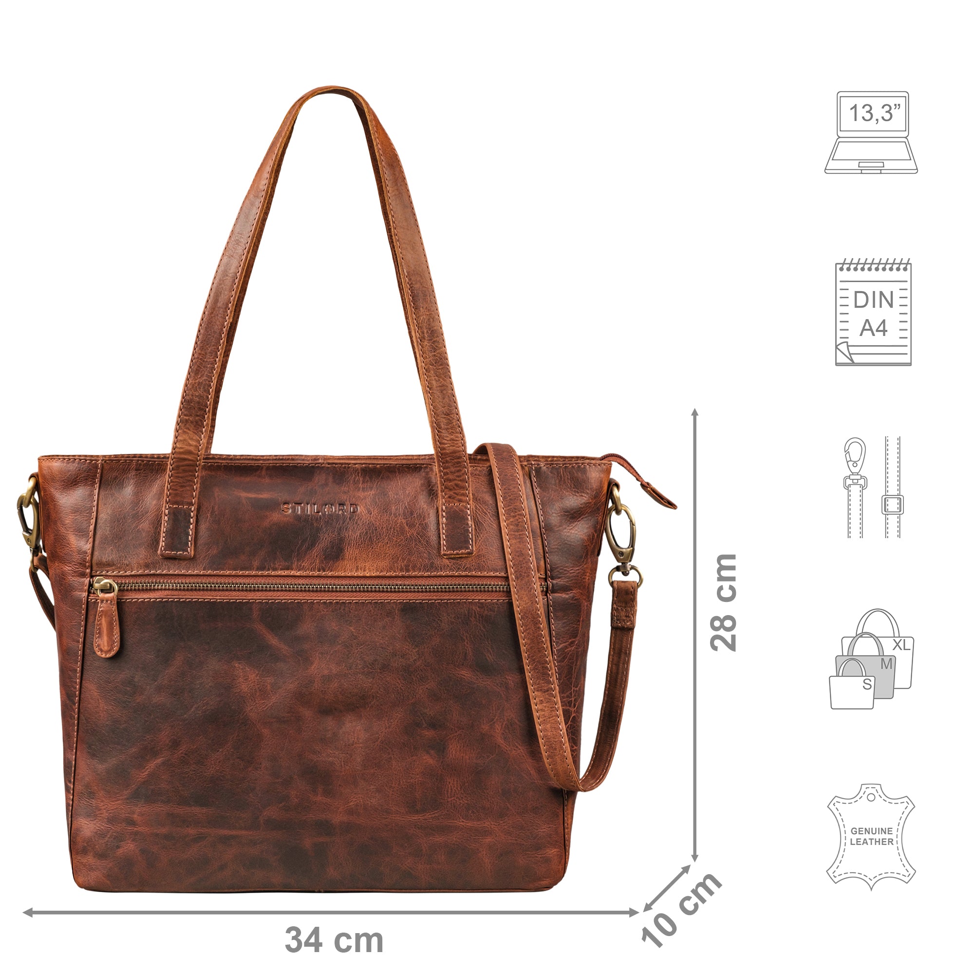 Henkeltasche Damen Leder braun mit Größenangaben und zusätzlichen USP Icons