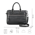 Henkeltasche Leder schwarz mit Größenangaben und USP Icons