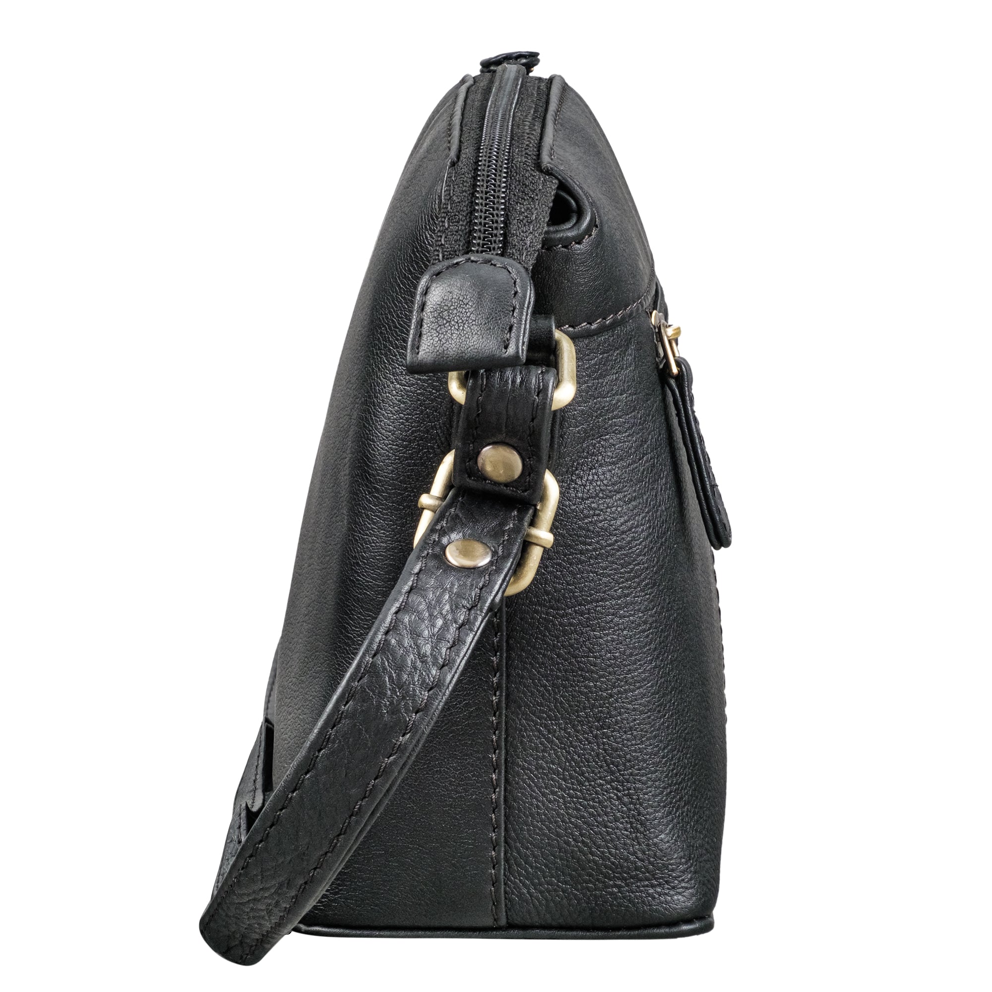 Leder Crossbody Tasche schwarz aus der seitlichen Perspektive