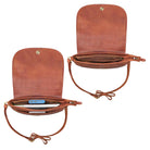 Handtasche Leder cognac im gefüllten und leeren Zustand aus der Draufsicht