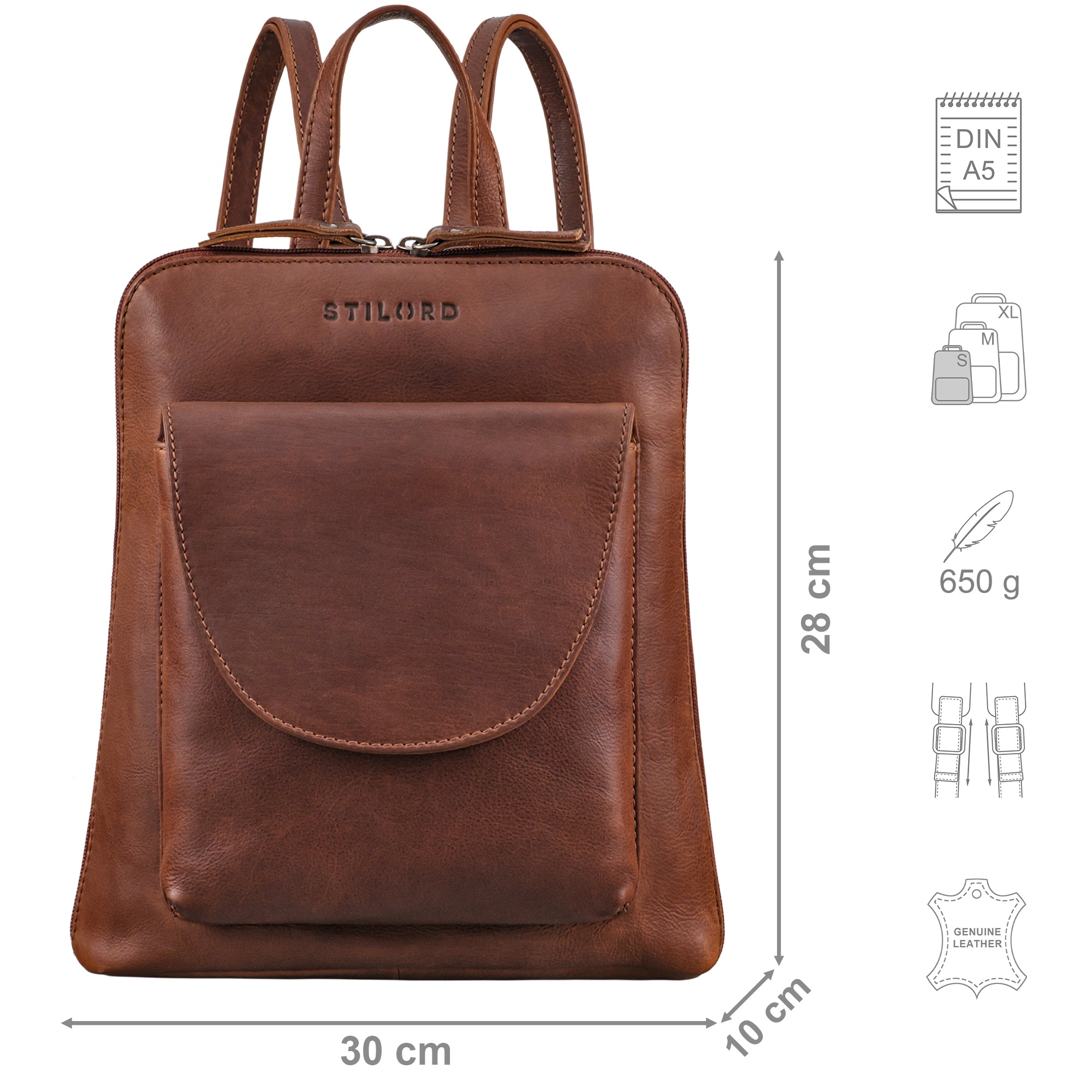 Leder Daypack klein braun mit Größenangaben und zusätzlichen Merkmal Icons
