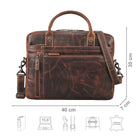 Aktentasche Leder braun mit Größenangaben und USP Icons