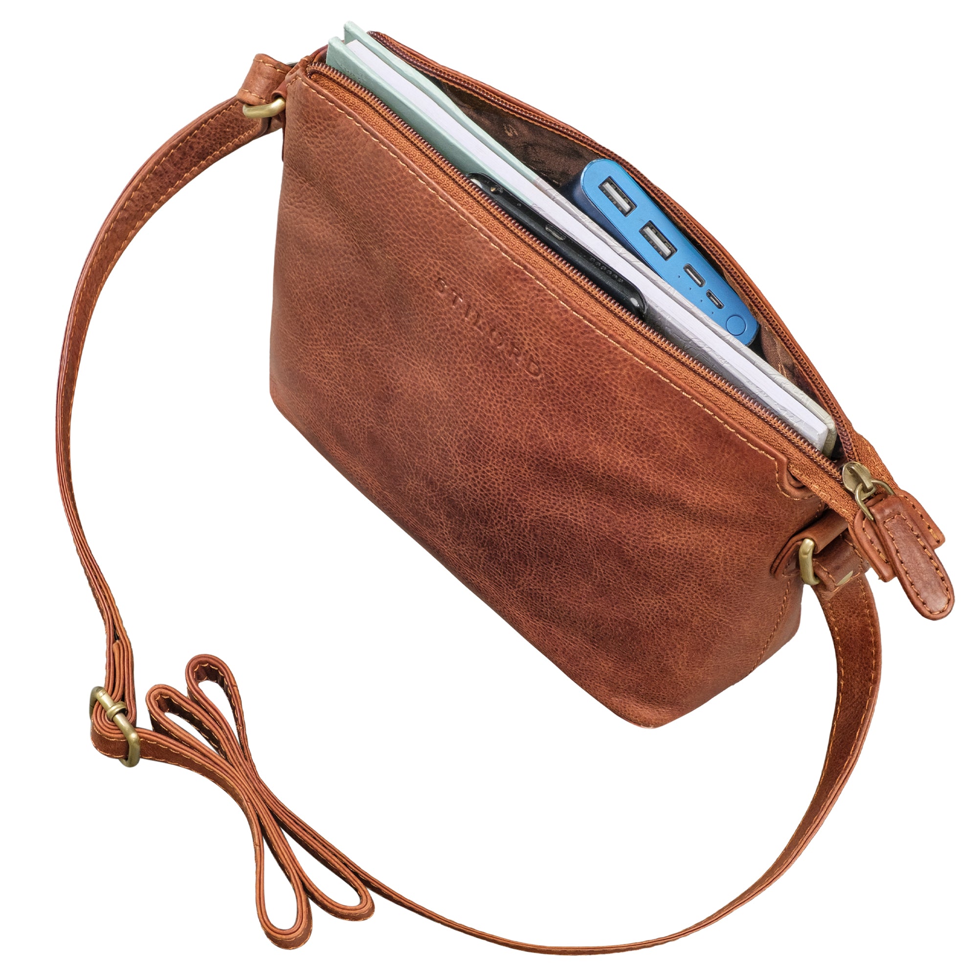Damen Handtasche Leder cognac mit einem Reißverschlussfach