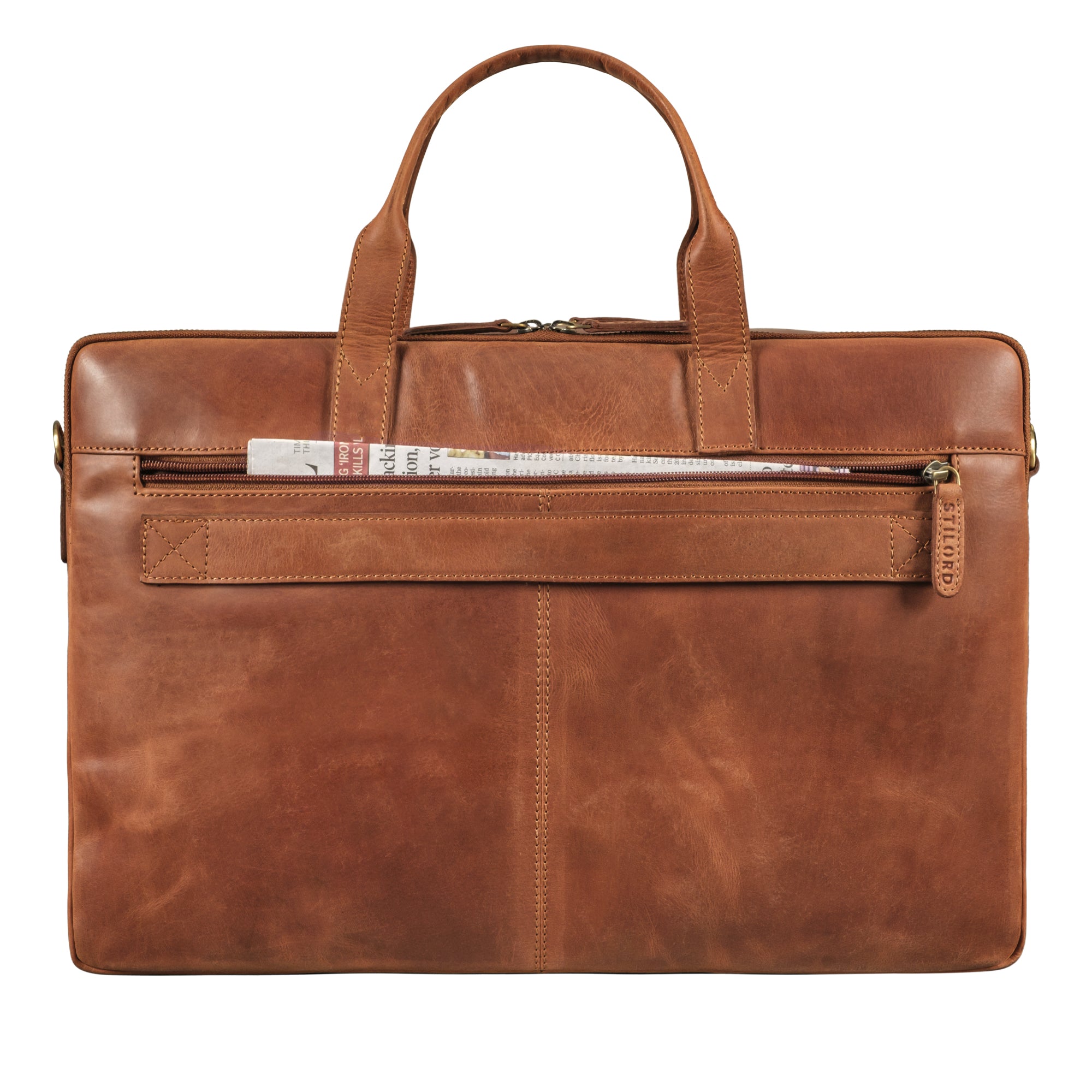 Ledertasche Laptop braun mit hinterem Reißverschlussfach und Trolleyhalterung