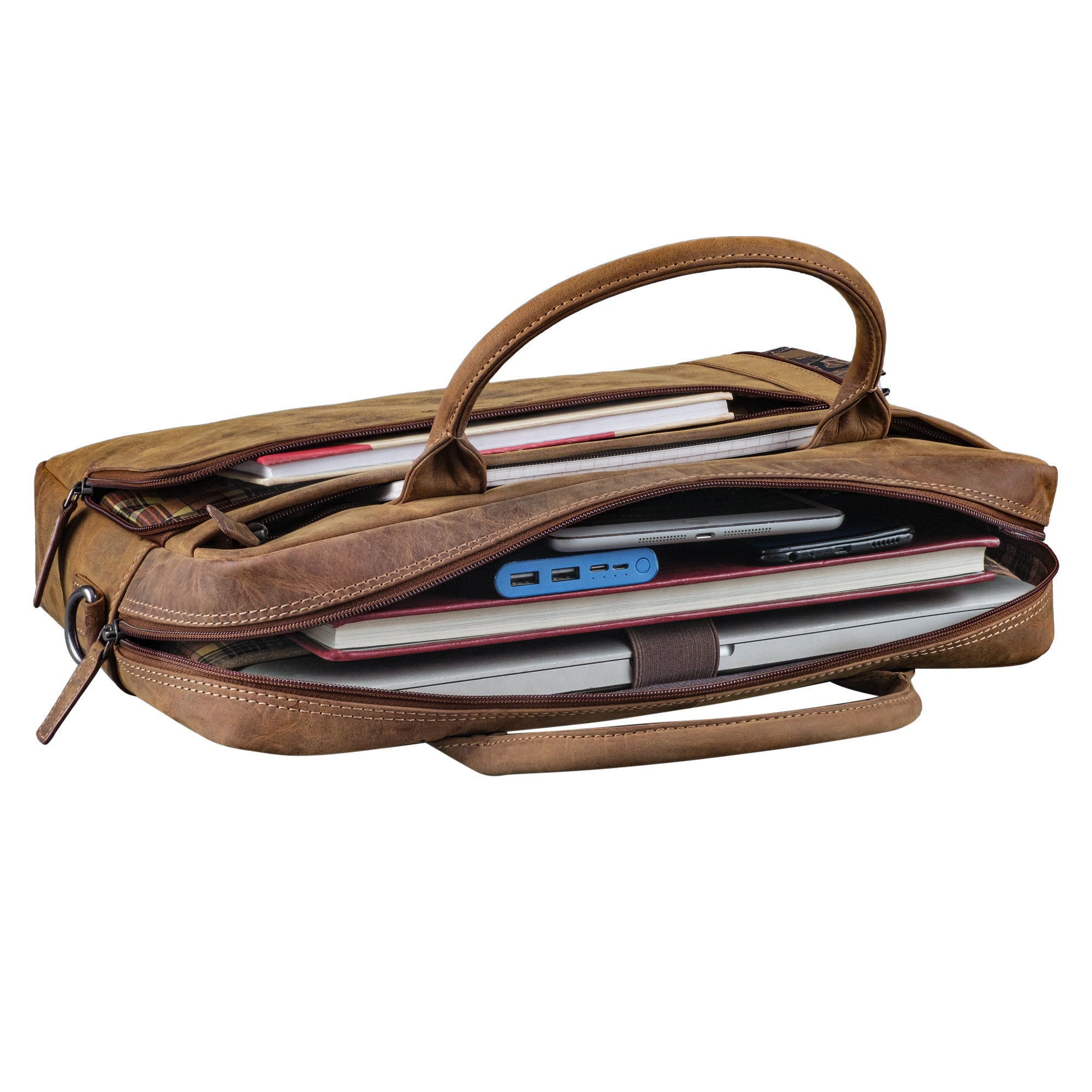 Laptoptasche Leder Damen und Herren braun im gefüllten Zustand