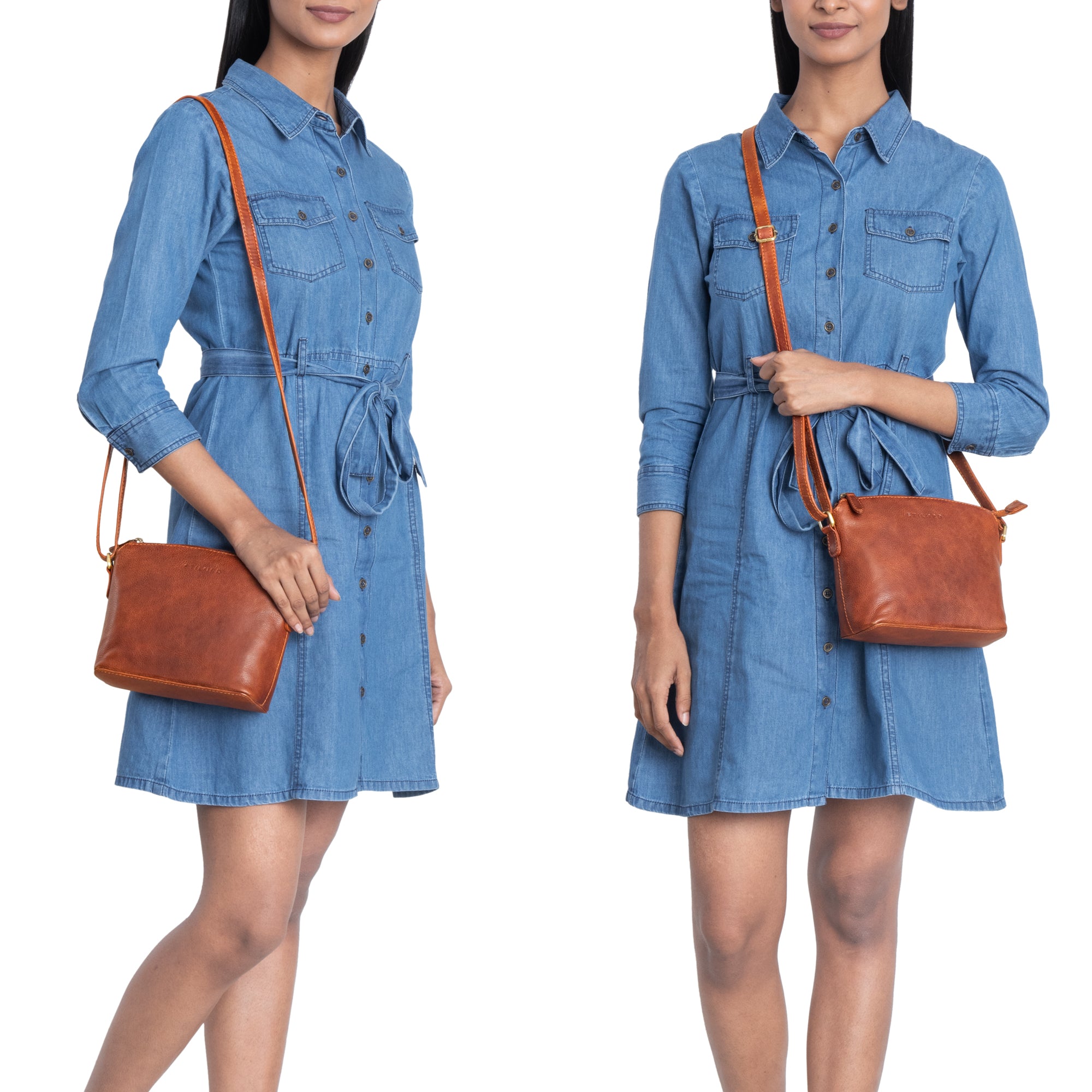 Kleine Crossbody Bag Leder cognac an zwei Modelbeispielen