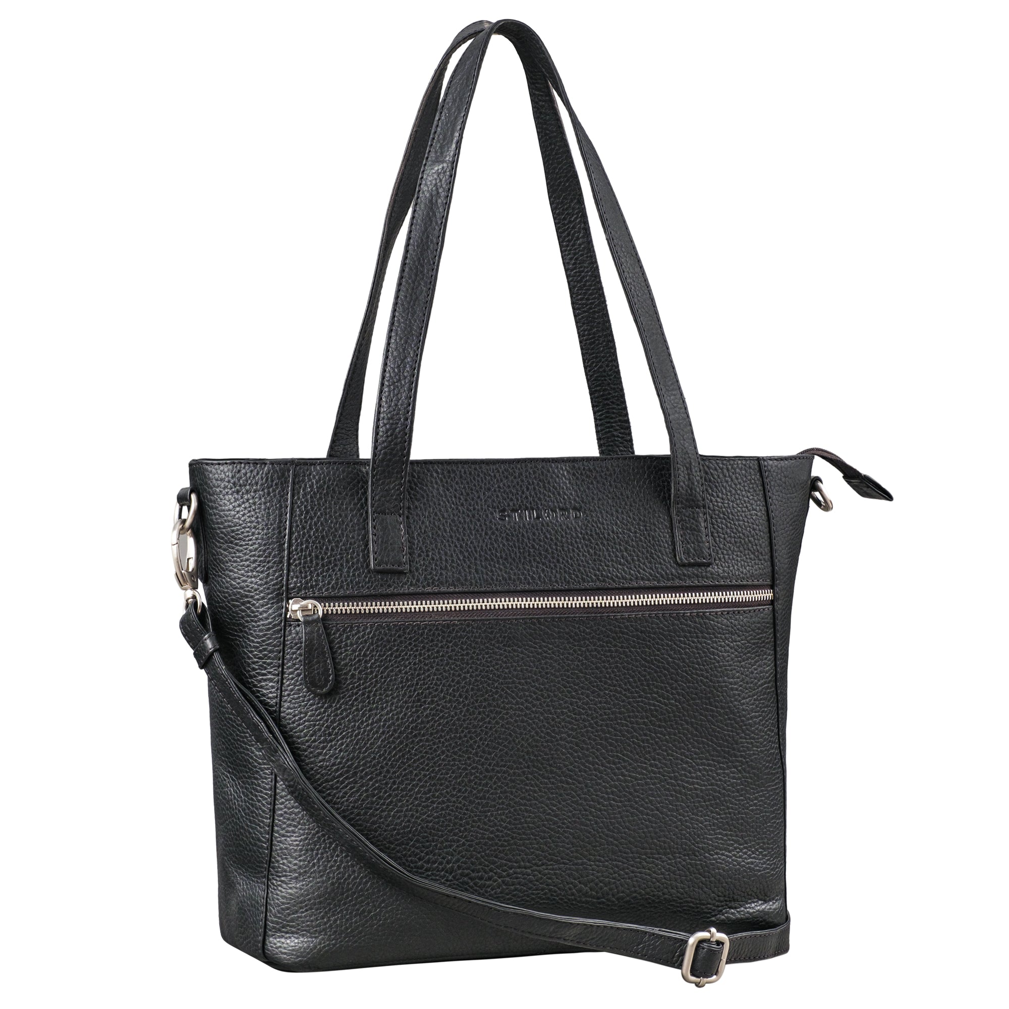 Henkeltasche Leder schwarz aus der schrägen Frontalperspektive
