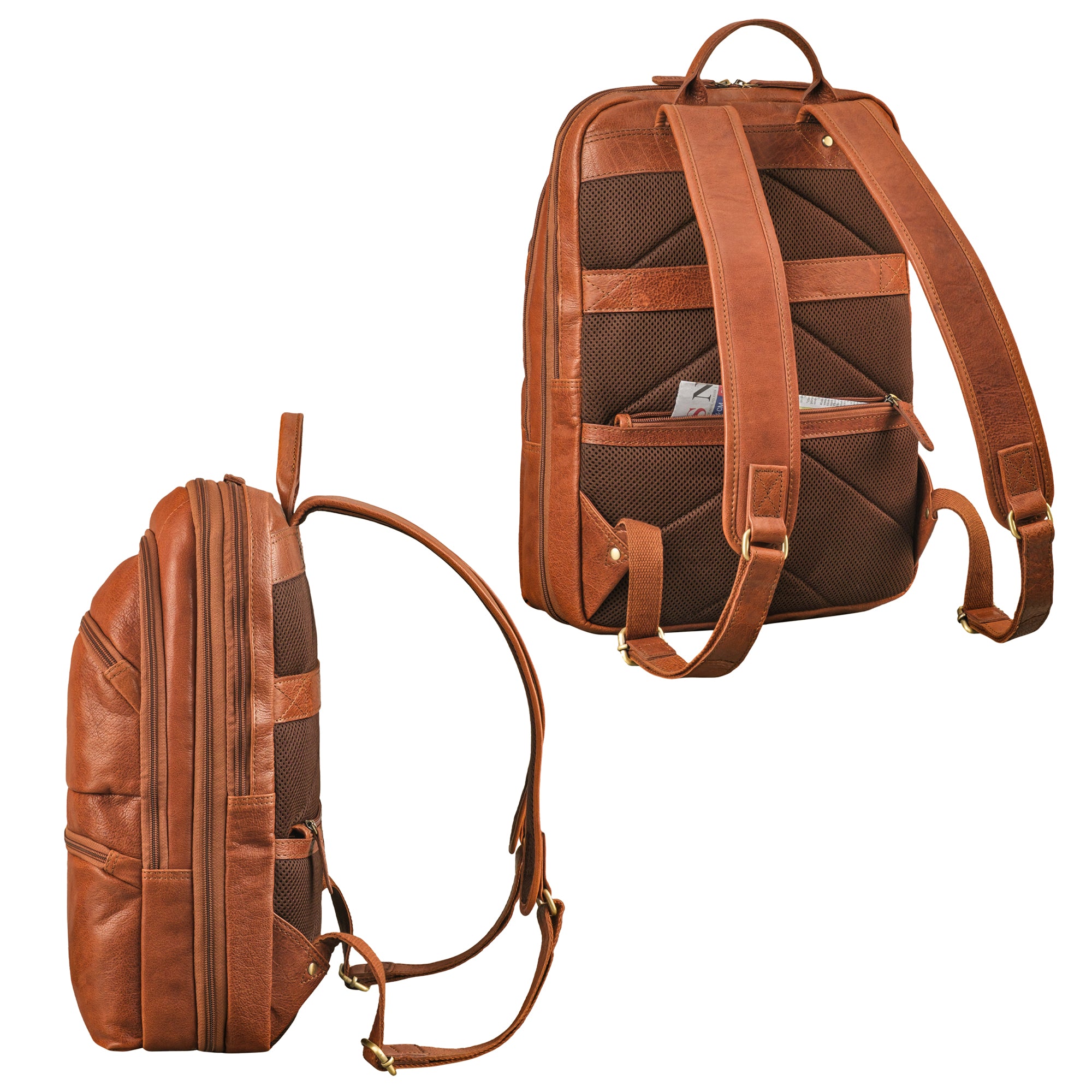 Rucksack Laptop Cognac mit hinterem Reißverschlussfach und verstellbaren Schultergurten