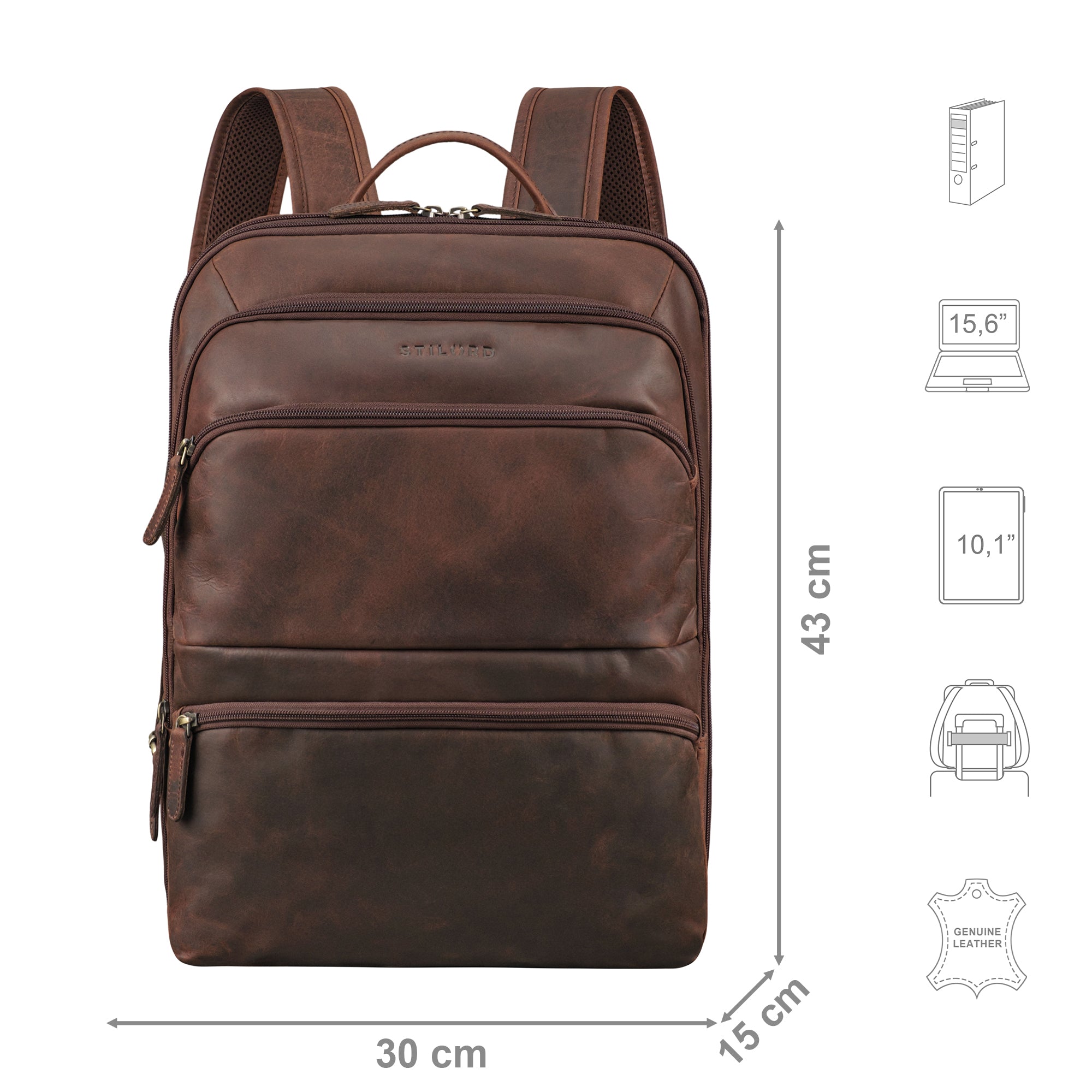 Großer Lederrucksack Braun mit Größenangaben und zusätzlichen Merkmal Icons