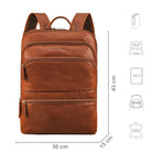 Business Rucksack Leder Cognac mit Größenangaben und zusätzlichen Merkmal Icons