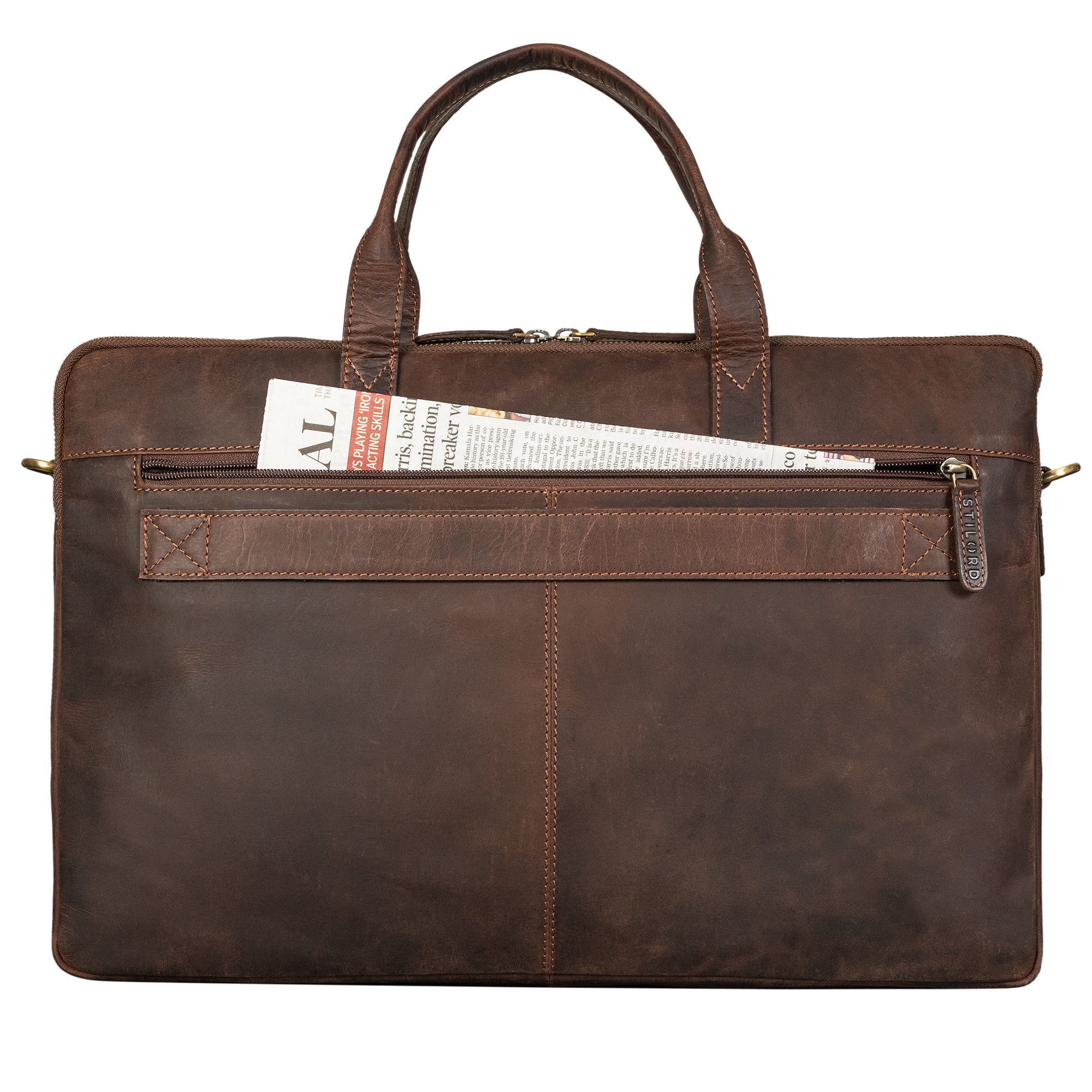 Vintage Leder Aktentasche braun mit hinterem Reißverschlussfach und Trolleyhalterung