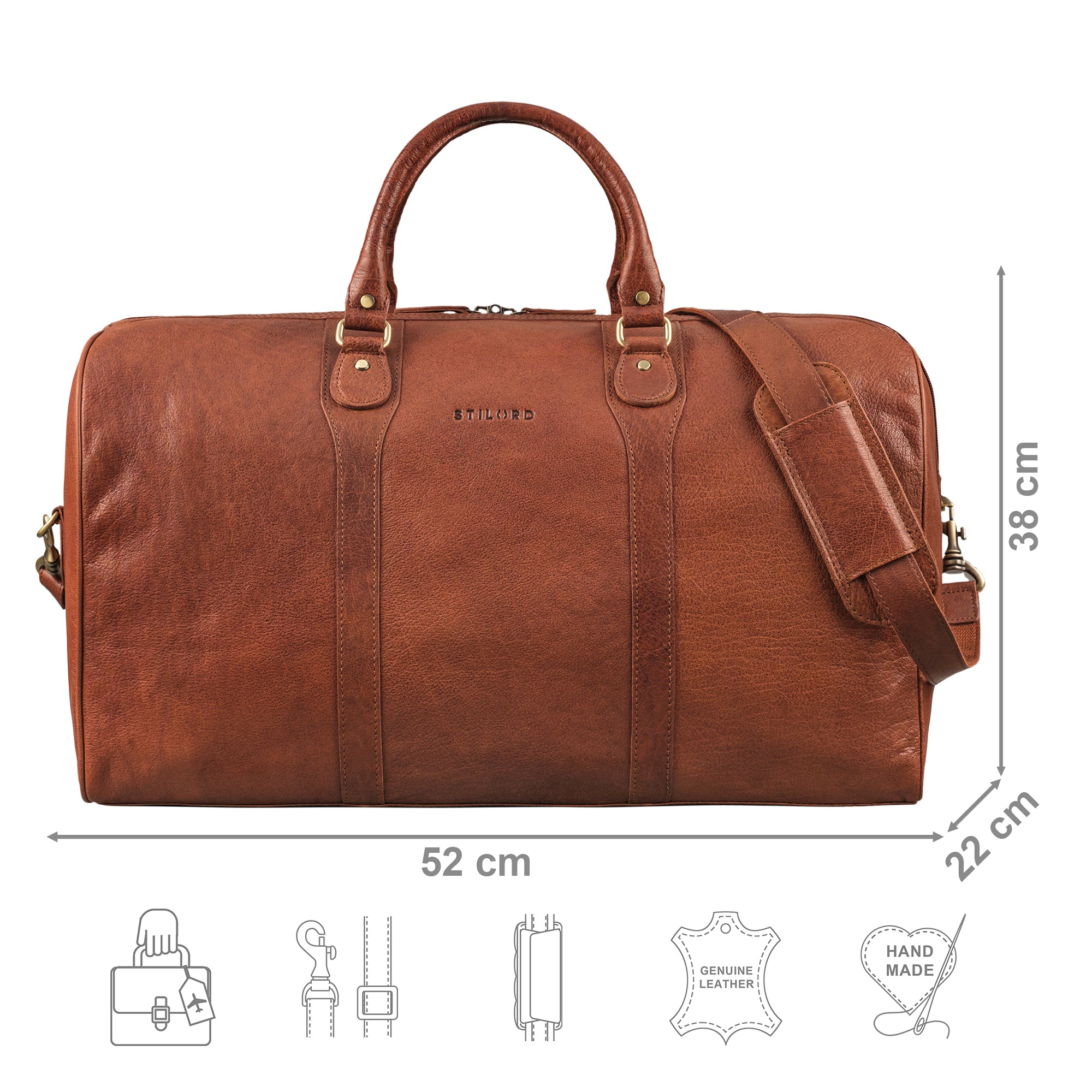 XL Reisetasche Leder cognac mit Größenangaben und zusätzlichen USP Icons