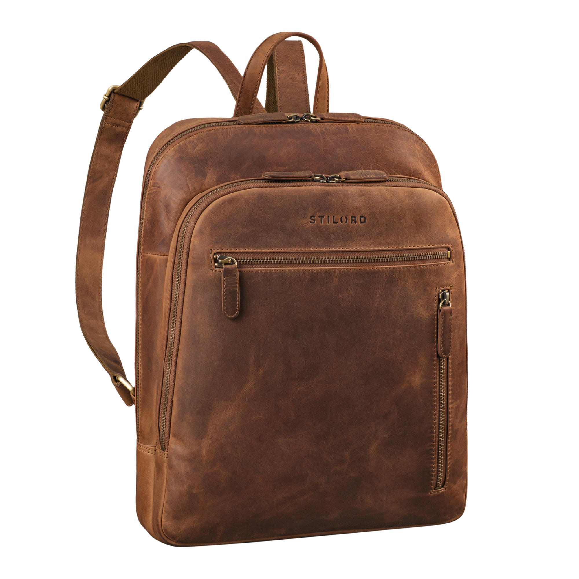 Damenrucksack Leder braun aus der schrägen Frontalperspektive