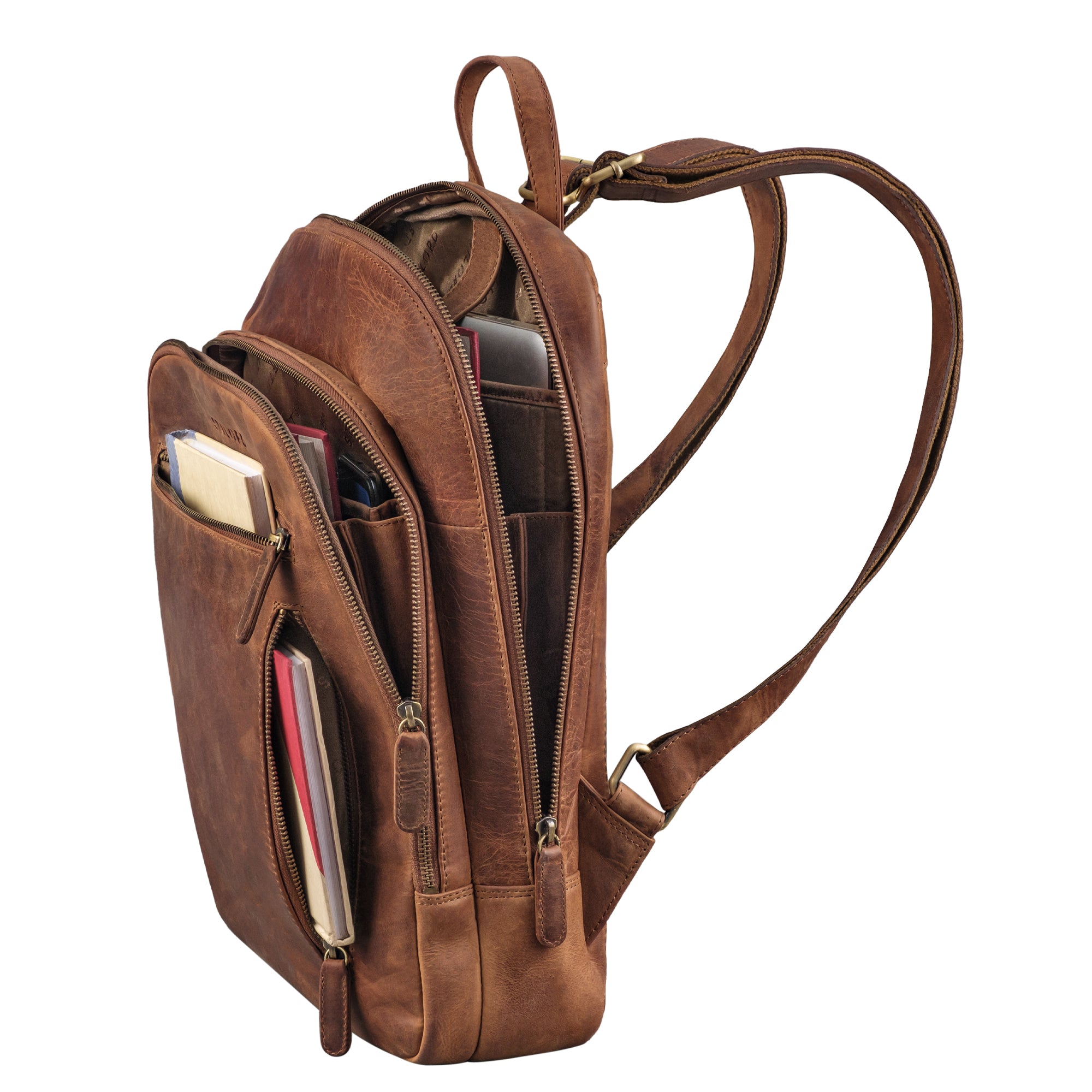 Kleiner Damenrucksack braun mit vielen Fächern