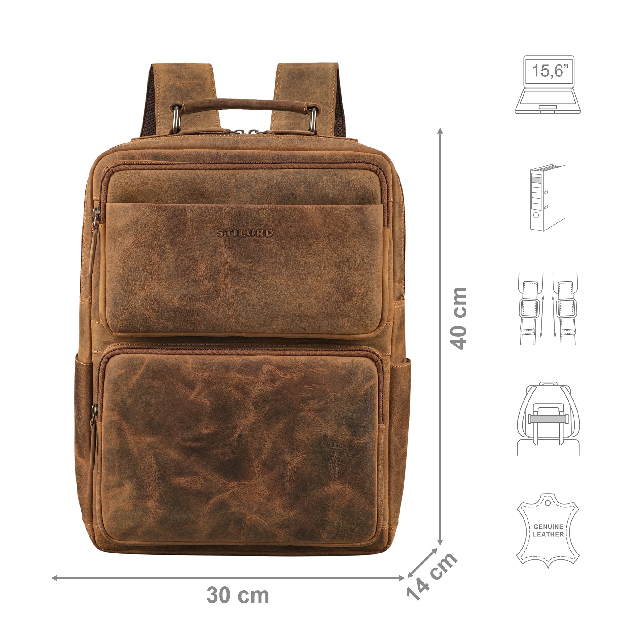 Lederrucksack braun mit Größenangaben und zusätzlichen USP Icons