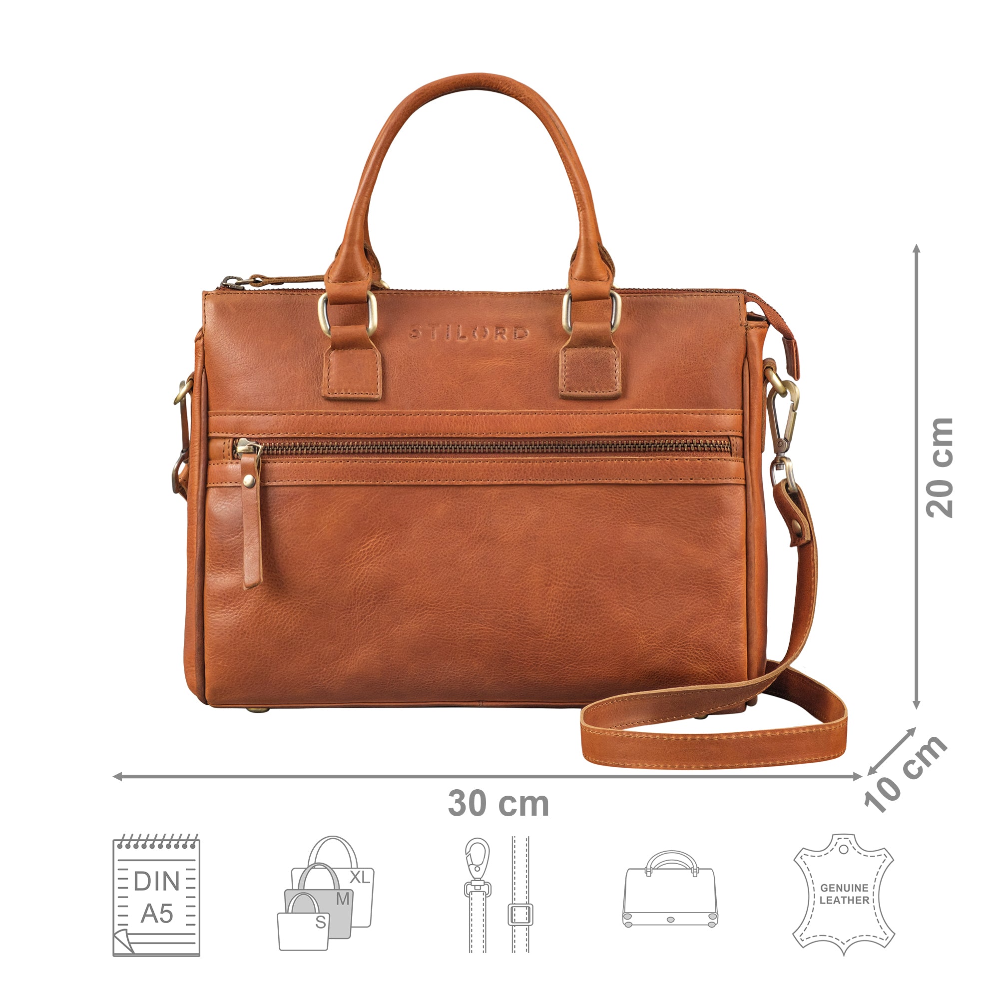 Henkeltasche Leder braun mit Größenangaben und USP Icons