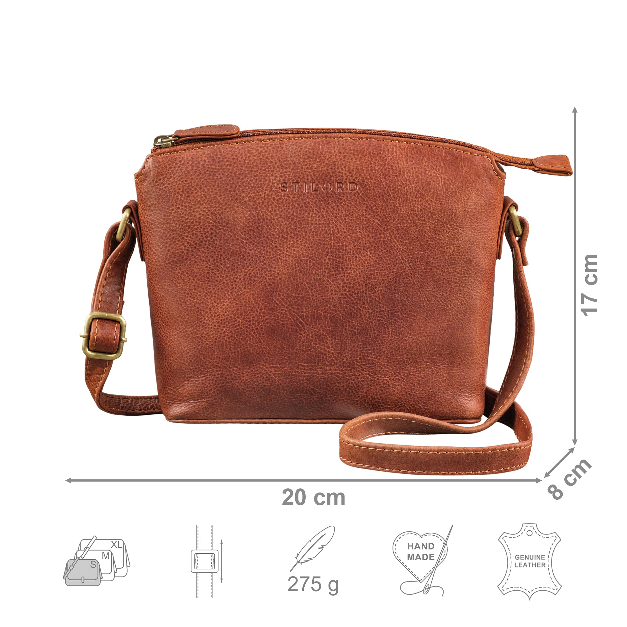 Crossbody Bag Leder cognac mit Größenangaben und USP Icons