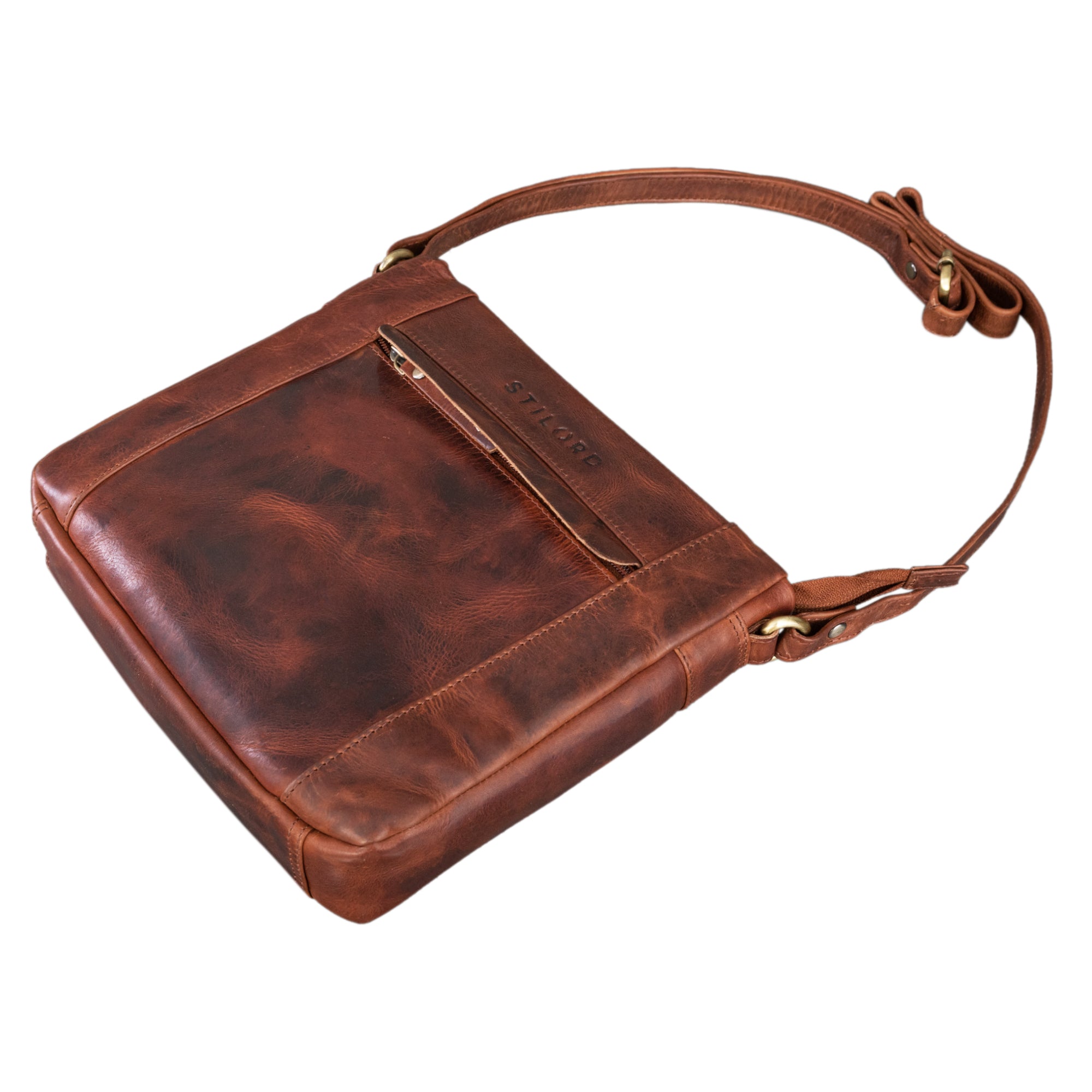 Umhängetasche Damen mittelgroß in cognac Leder mit einem Reißverschlussfach auf der Vorderseite