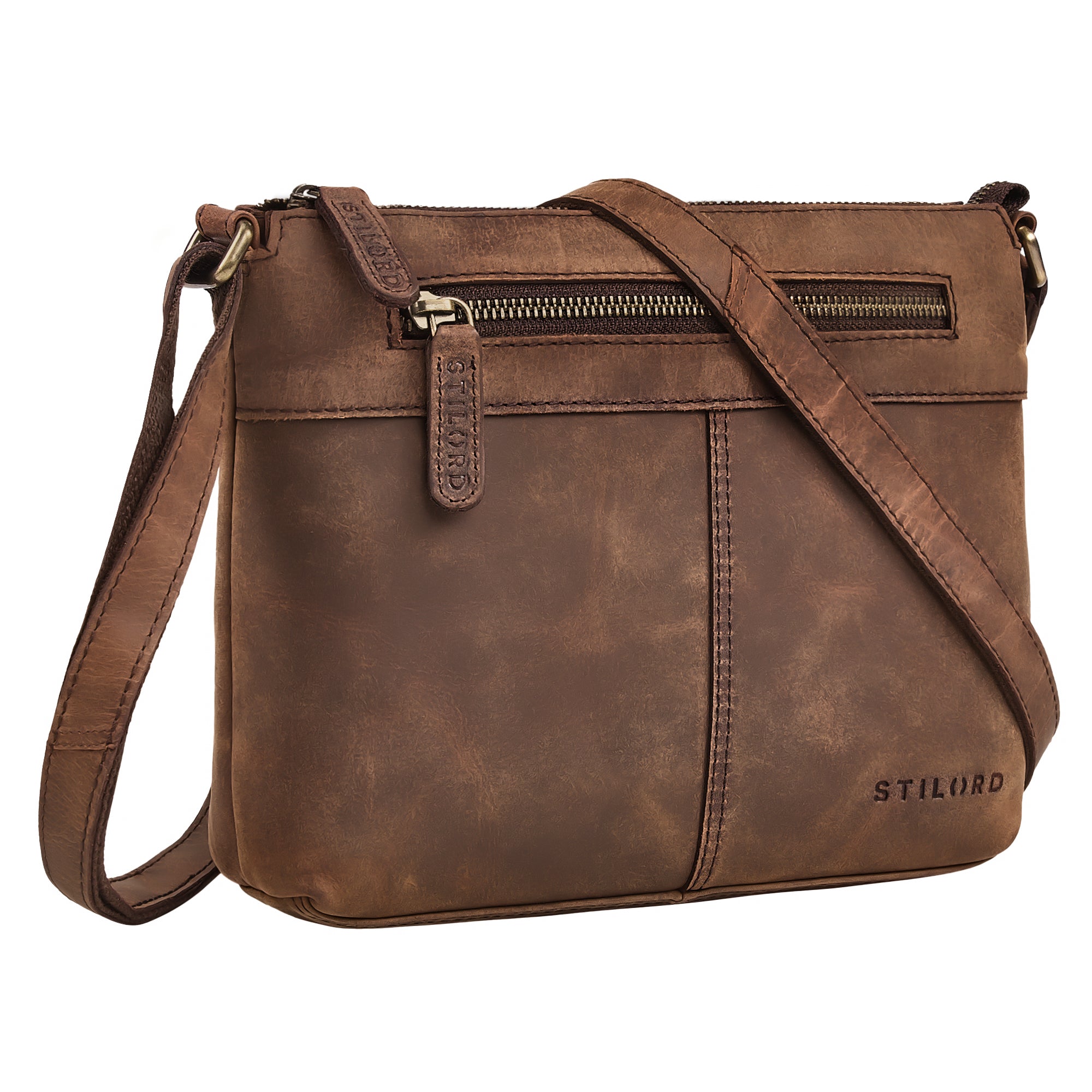 Kleine Ledertasche Damen Braun mit Reißverschluss & Gurt für 8 Zoll