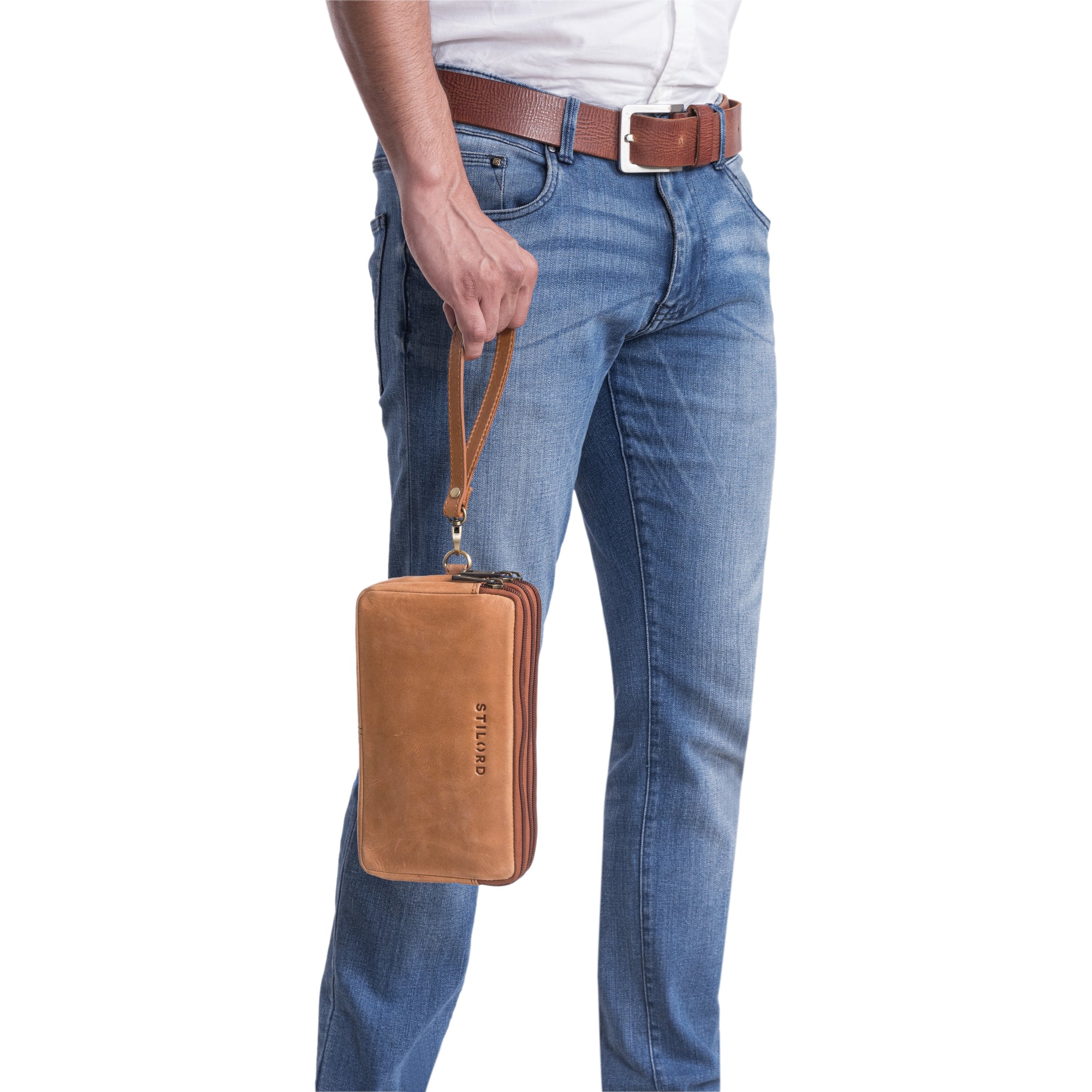 Braune Handtasche mit Handgelenkschlaufe für Herren Leder