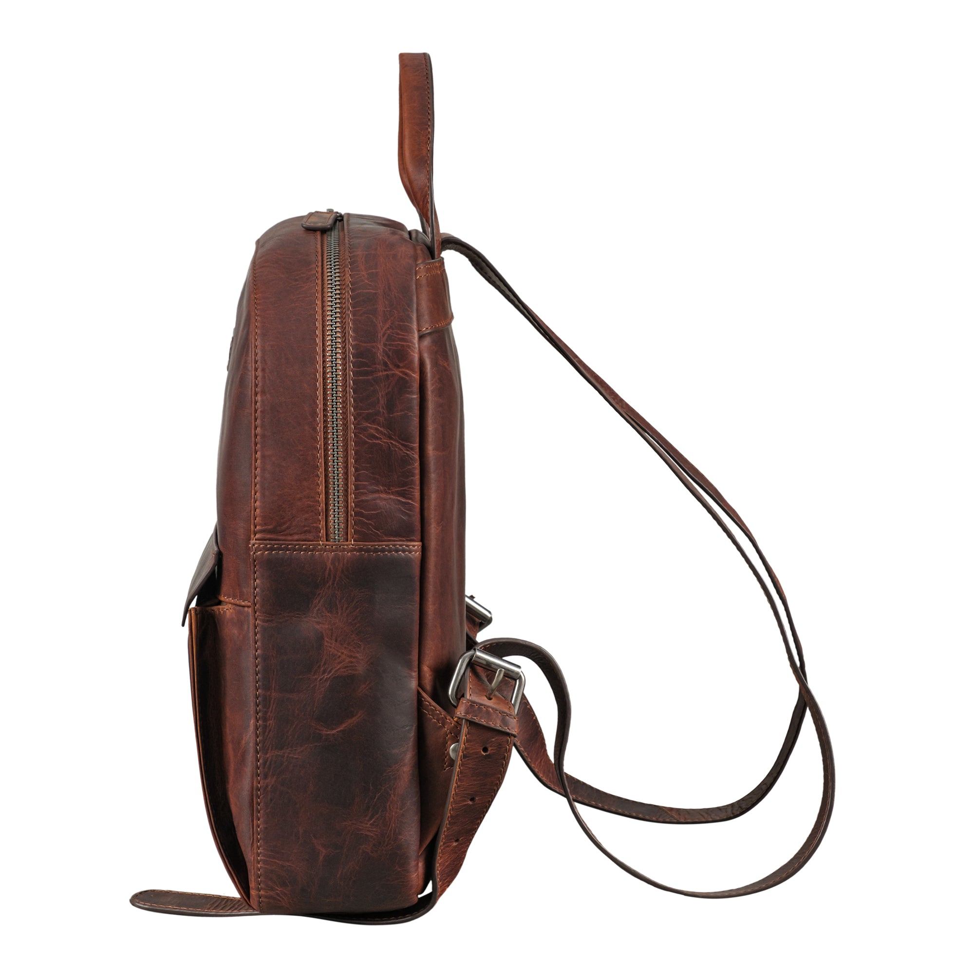 Lederrucksack Klein Cognac in der seitlichen Darstellung
