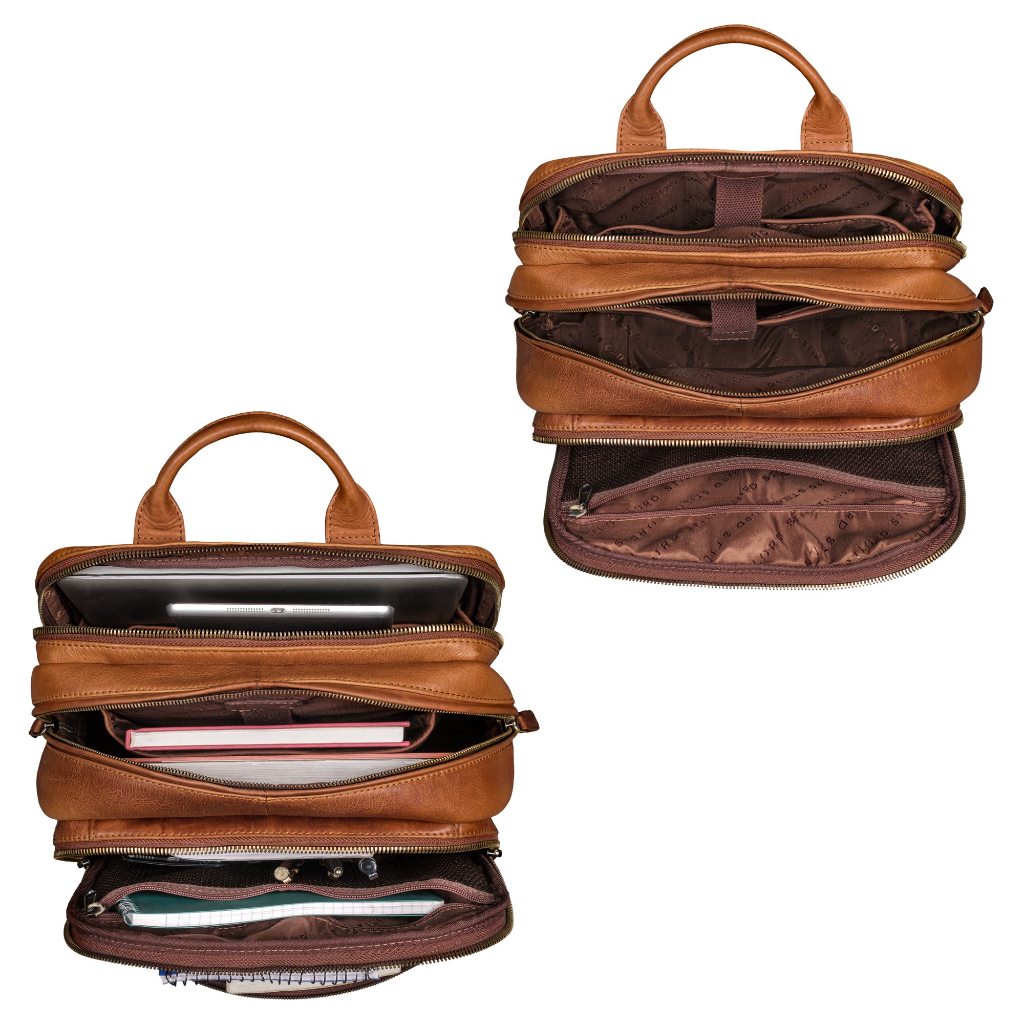 Lederrucksack Cognac mit Laptopfach im leeren und gefüllten Zustand aus der Draufsicht