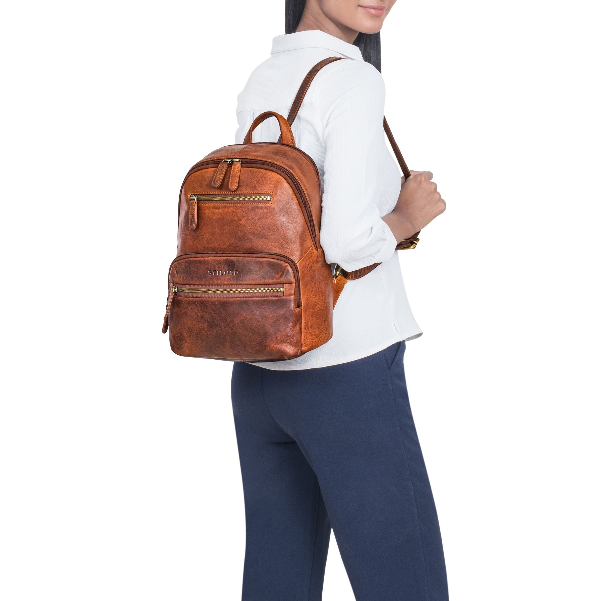 leder rucksack frauen cognac